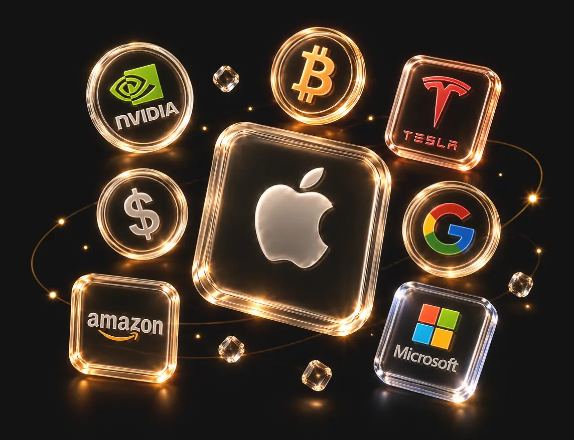 Digital asset icons surrounding a smartphone trading platform
