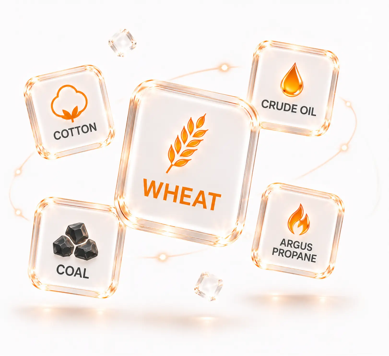 Commodity trading dashboard with wheat, oil, coal and cotton assets