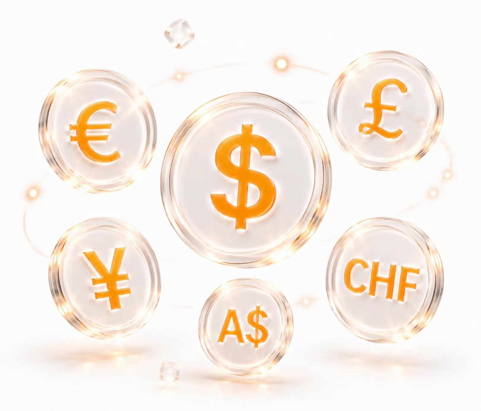 Multiple world currencies displayed in a digital trading network