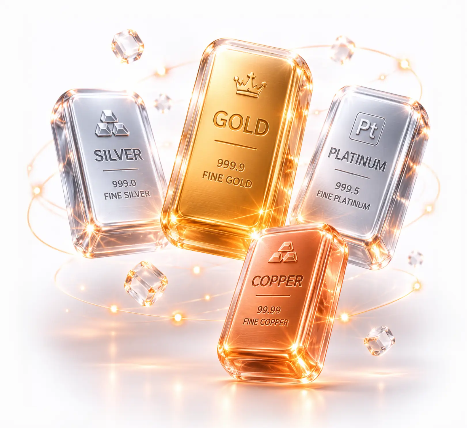 Precious metals trading featuring gold, silver, platinum and copper
