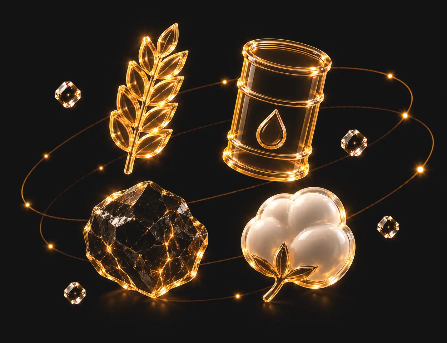 3D glowing commodity icons featuring wheat, oil, coal and cotton