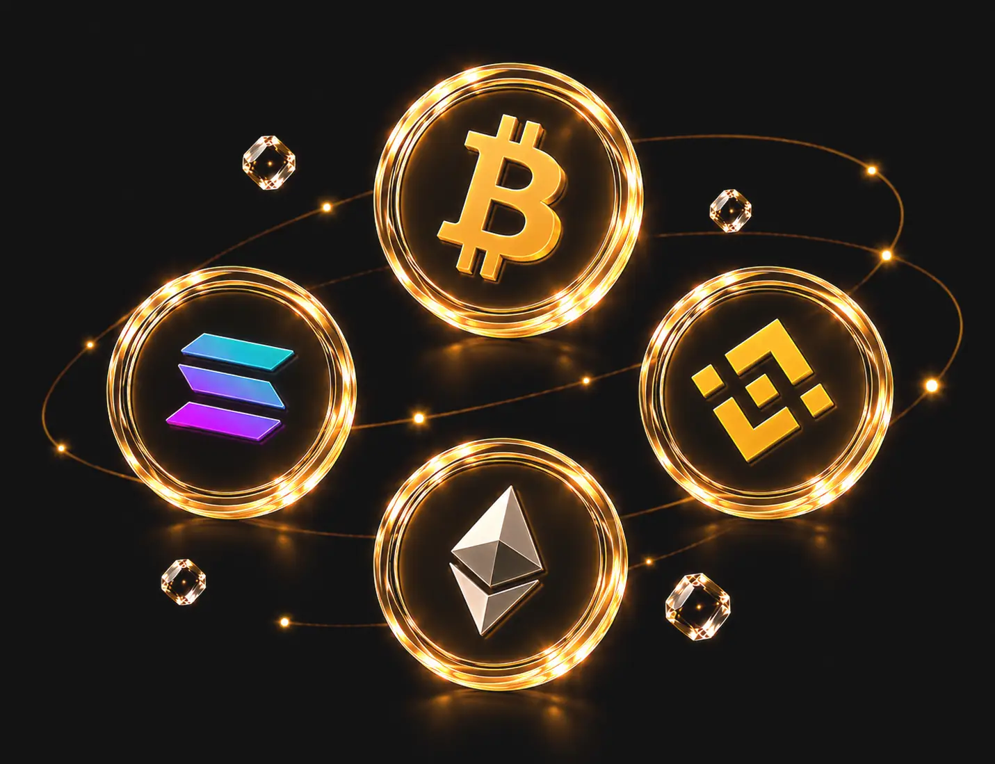 Glowing 3D crypto coins featuring Bitcoin, Ethereum, Solana and BNB