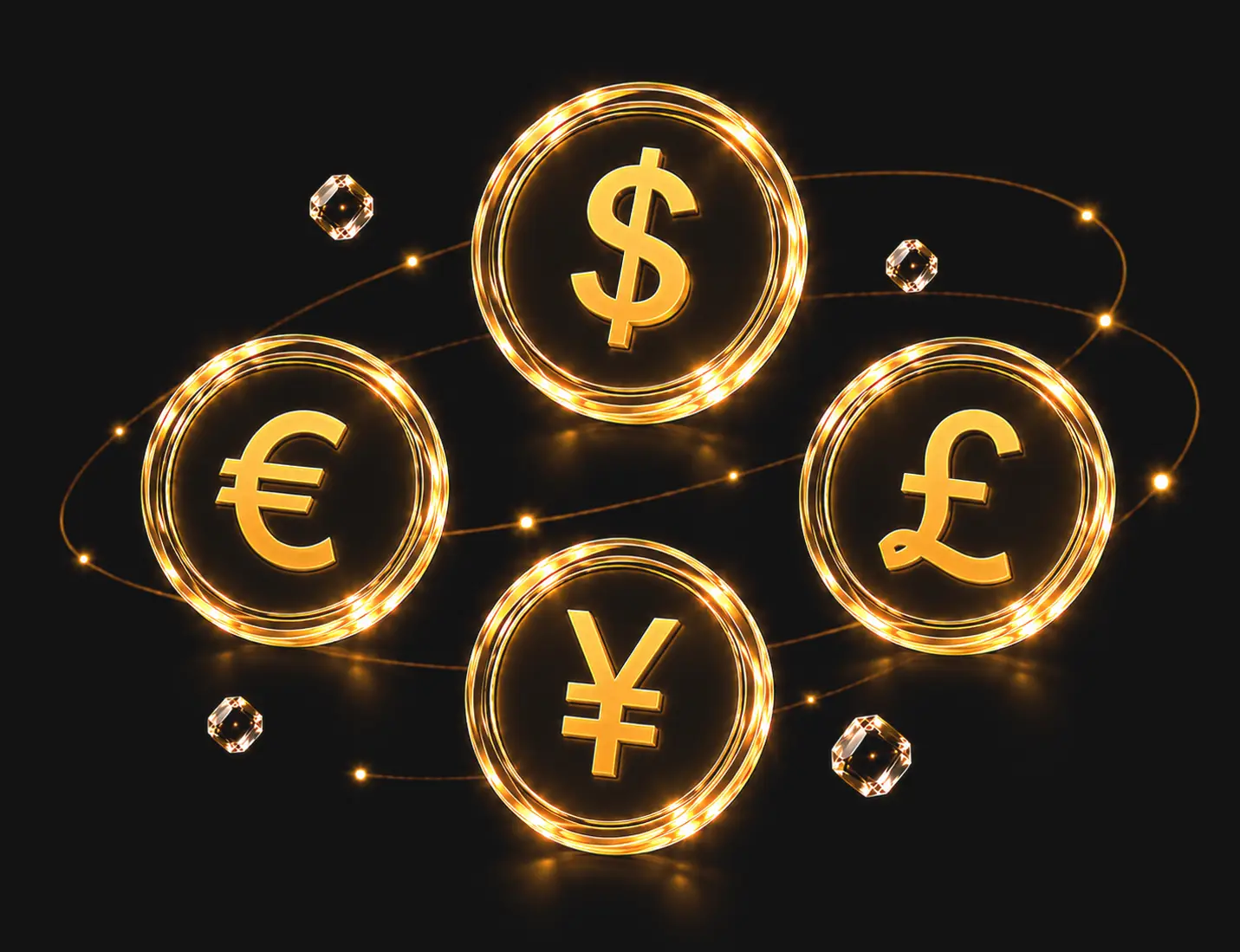 Premium 3D currency coins featuring USD, EUR, GBP and JPY