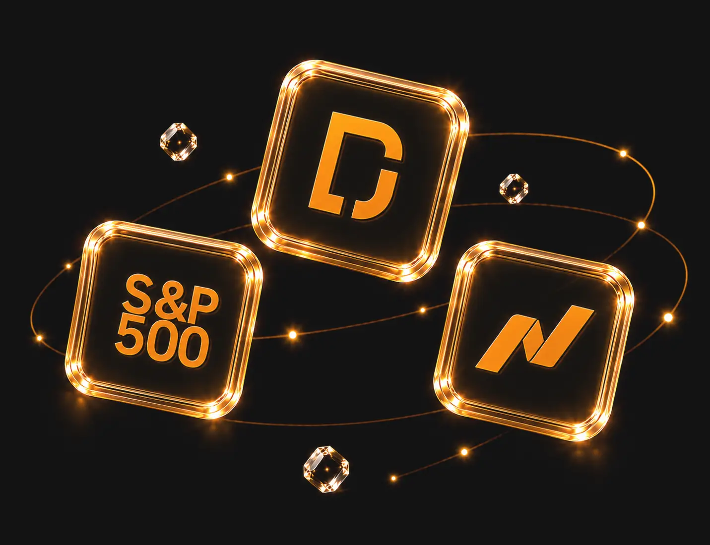 Futuristic 3D illustration of S&P 500, Nasdaq and Dow Jones indices