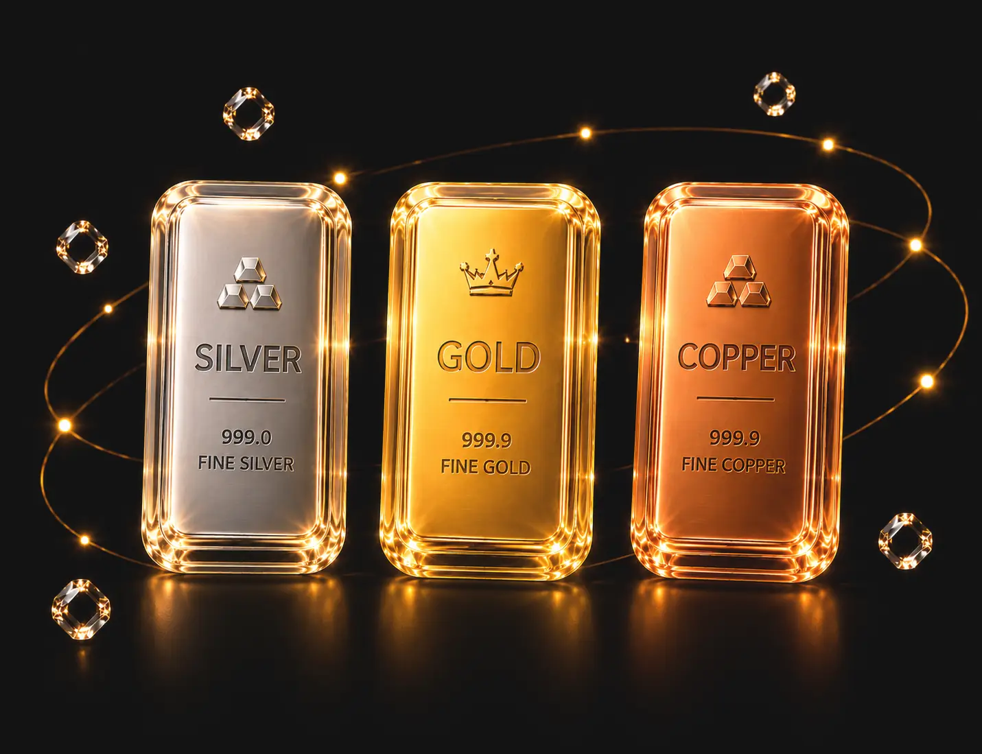 3D glowing gold, silver and copper bullion bars