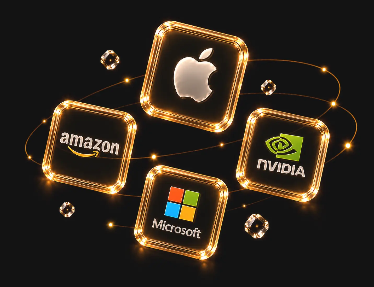 Glowing 3D Apple, Microsoft, Amazon and NVIDIA stock icons
